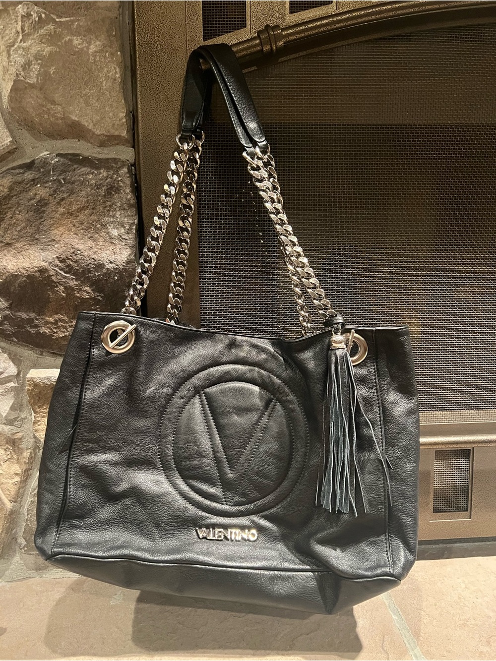 Mario Valentino Black Leather Tote with Silver Chain Straps and Tassel